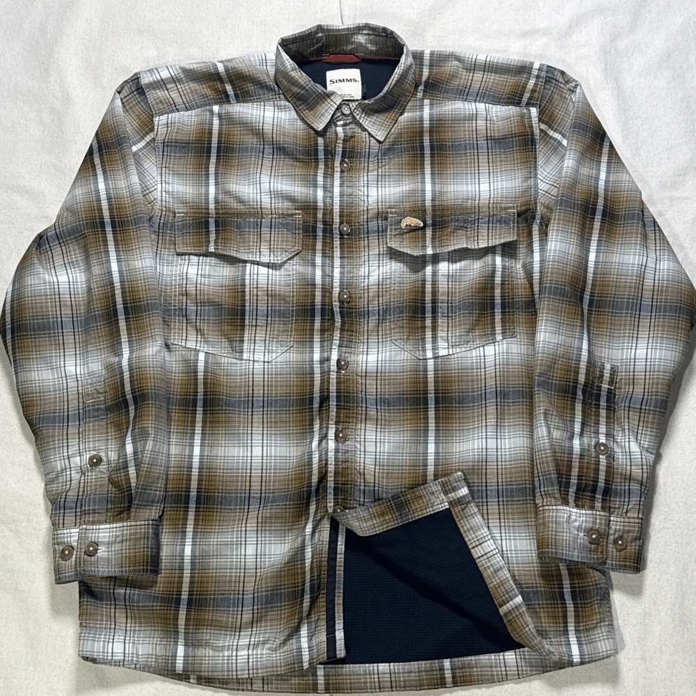 Simms Fishing Shirt Mens Sm Brown Thermal Waffle Lined Long Sleeve Button Up